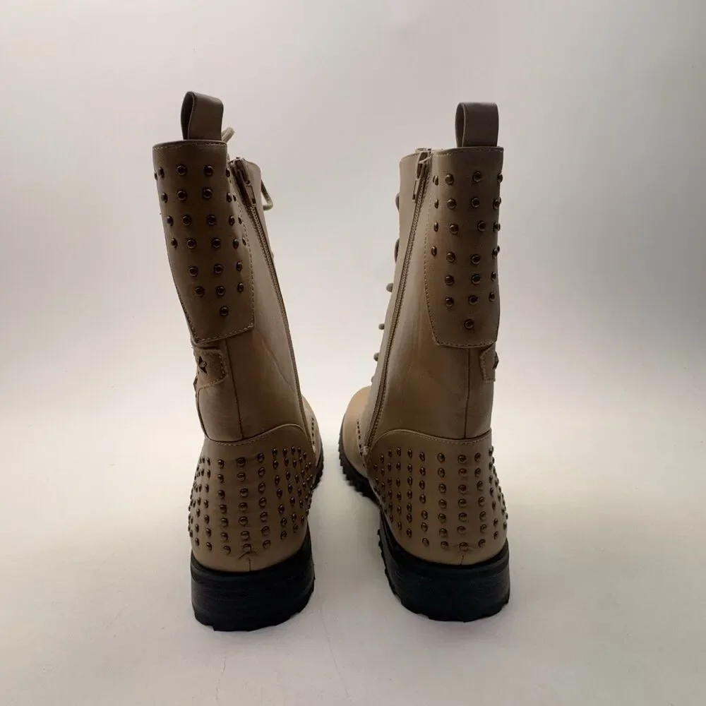 Gia-Mia Star Combat Boots Women’s 13 Tan Studded Lace Up Side Zip NIB